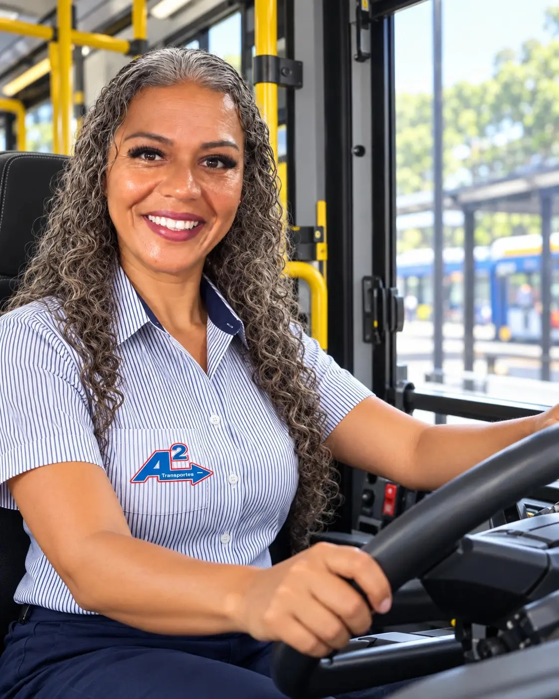 Elisangela, motorista da A2 Transportes, ao volante de um ônibus